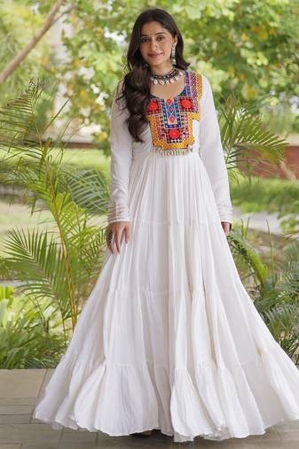 women rayon anarkali gown with kutchi gamthi embroidery & mirror work - full stitched free size