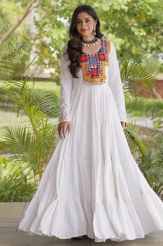 women rayon anarkali gown with kutchi gamthi embroidery & mirror work - full stitched free size