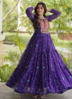 women georgette anarkali gown with bandhani print & kutchi patchwork - full stitched free size 5