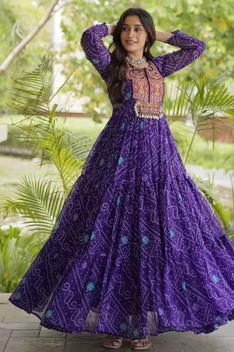 women georgette anarkali gown with bandhani print & kutchi patchwork - full stitched free size
