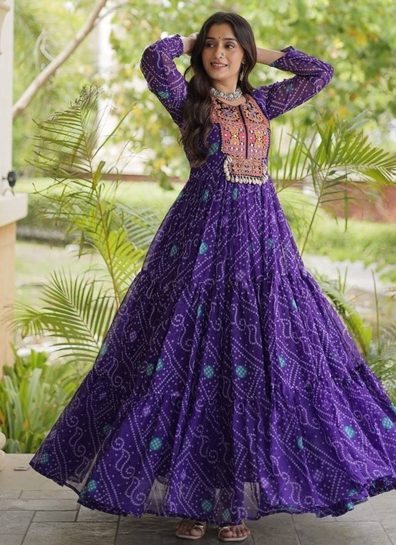 women georgette anarkali gown with bandhani print & kutchi patchwork - full stitched free size