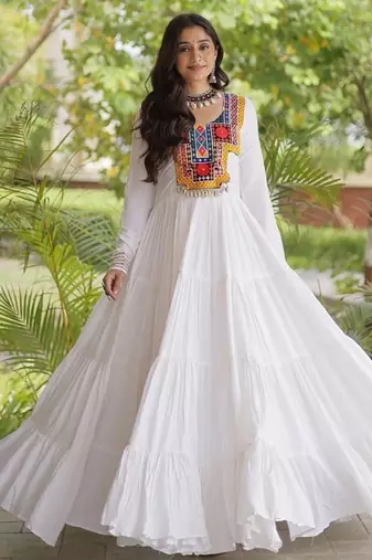 women rayon anarkali gown with kutchi gamthi embroidery & mirror work - full stitched free size
