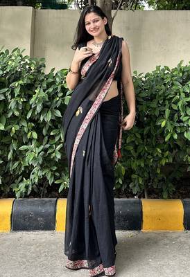 Black patchwork mul cotton saree with blouse piece 1