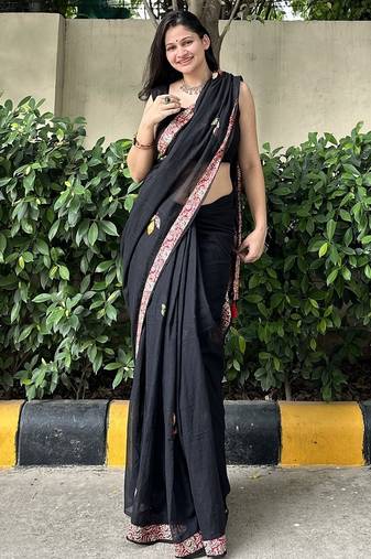 Black patchwork mul cotton saree with blouse piece