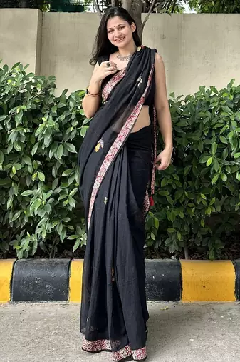 Black patchwork mul cotton saree with blouse piece
