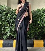 Black patchwork mul cotton saree with blouse piece