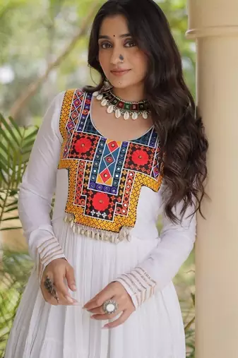 women rayon anarkali gown with kutchi gamthi embroidery & mirror work - full stitched free size