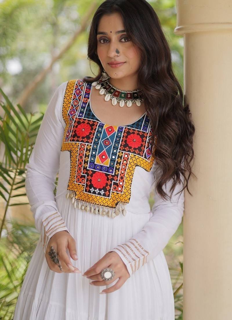 women rayon anarkali gown with kutchi gamthi embroidery & mirror work - full stitched free size