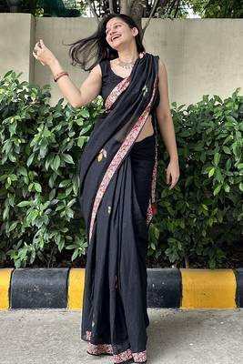 Black patchwork mul cotton saree with blouse piece 2