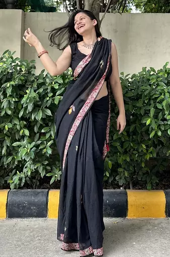 Black patchwork mul cotton saree with blouse piece