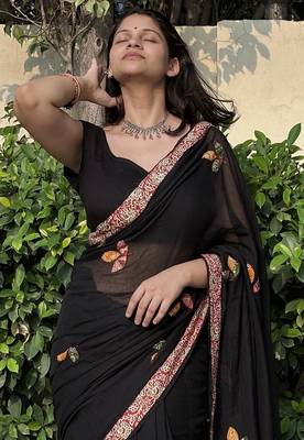 Black patchwork mul cotton saree with blouse piece 3