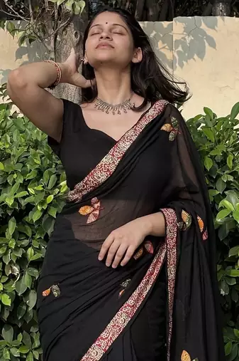Black patchwork mul cotton saree with blouse piece