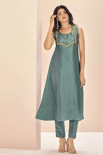 Aqua hand work sleeveless kurta set