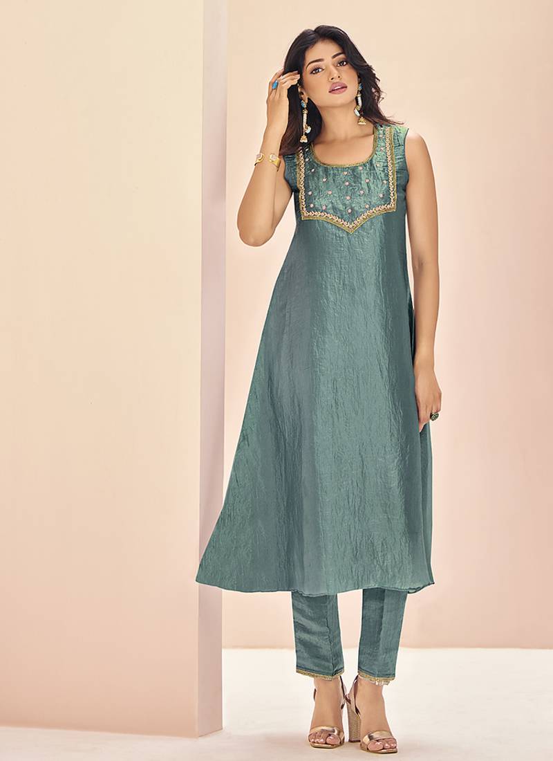 Aqua hand work sleeveless kurta set