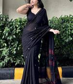 Black & red handwoven cotton saree with blouse piece