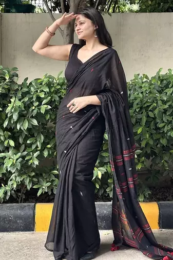 Black & red handwoven cotton saree with blouse piece