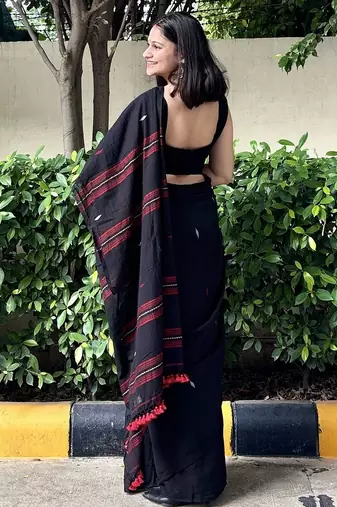 Black & red handwoven cotton saree with blouse piece