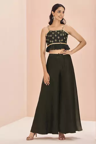 Classic black hand work crop top palazzo set