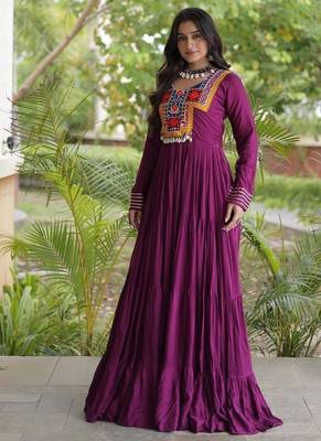 women rayon anarkali gown with kutchi gamthi embroidery & mirror work - full stitched free size 1