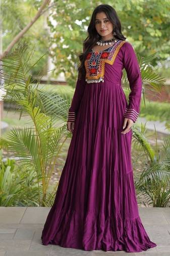 women rayon anarkali gown with kutchi gamthi embroidery & mirror work - full stitched free size