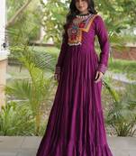 women rayon anarkali gown with kutchi gamthi embroidery & mirror work - full stitched free size