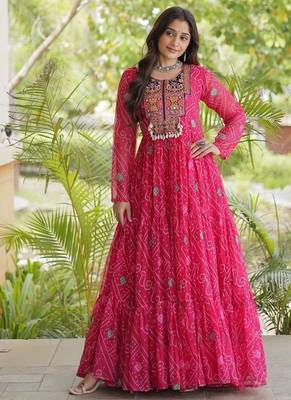 women georgette anarkali gown with bandhani print & kutchi patchwork - full stitched free size 1
