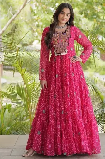 women georgette anarkali gown with bandhani print & kutchi patchwork - full stitched free size
