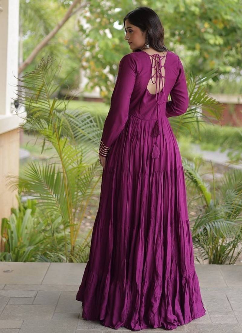 women rayon anarkali gown with kutchi gamthi embroidery & mirror work - full stitched free size