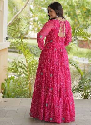 women georgette anarkali gown with bandhani print & kutchi patchwork - full stitched free size 2