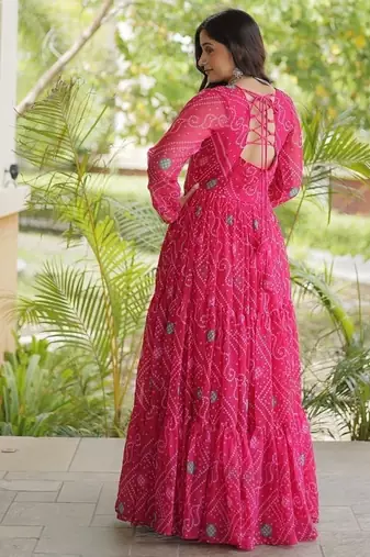 women georgette anarkali gown with bandhani print & kutchi patchwork - full stitched free size