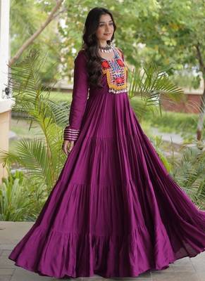 women rayon anarkali gown with kutchi gamthi embroidery & mirror work - full stitched free size 3