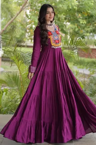 women rayon anarkali gown with kutchi gamthi embroidery & mirror work - full stitched free size
