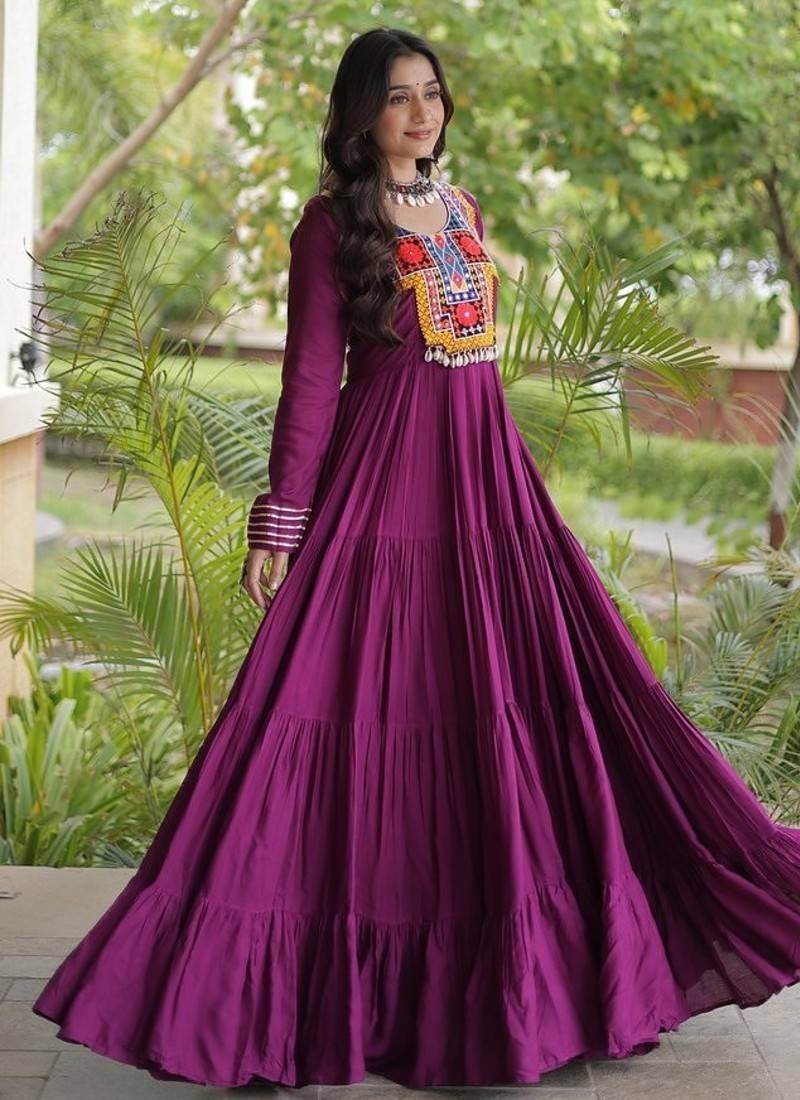 women rayon anarkali gown with kutchi gamthi embroidery & mirror work - full stitched free size