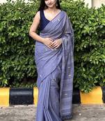 Blue handwoven cotton saree with blouse piece