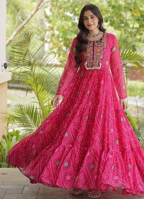 women georgette anarkali gown with bandhani print & kutchi patchwork - full stitched free size 3