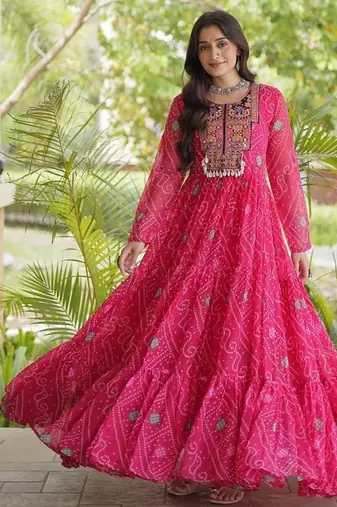 women georgette anarkali gown with bandhani print & kutchi patchwork - full stitched free size