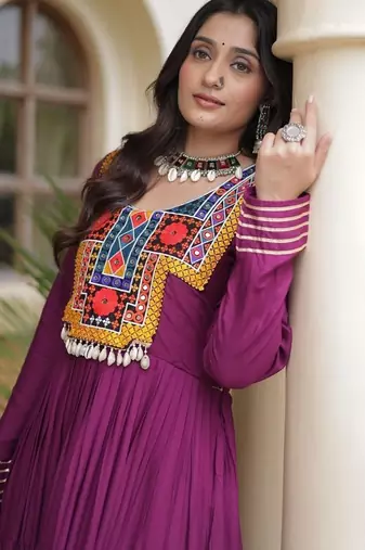 women rayon anarkali gown with kutchi gamthi embroidery & mirror work - full stitched free size