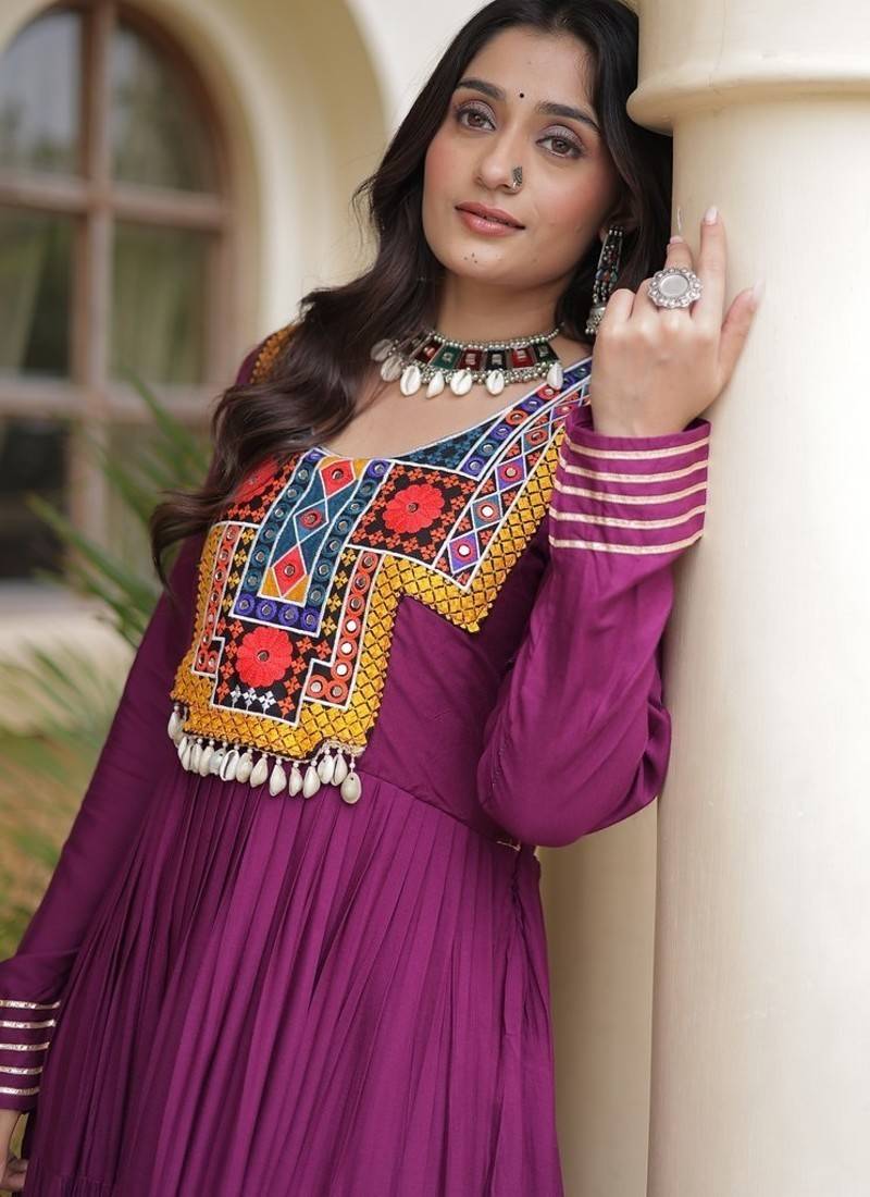 women rayon anarkali gown with kutchi gamthi embroidery & mirror work - full stitched free size