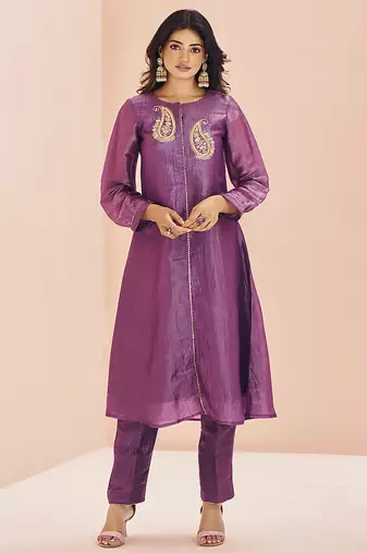 Purple hand work embellished kurta set
