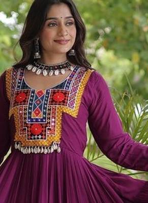 women rayon anarkali gown with kutchi gamthi embroidery & mirror work - full stitched free size 5
