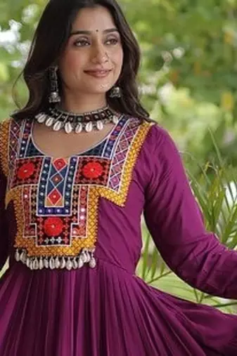 women rayon anarkali gown with kutchi gamthi embroidery & mirror work - full stitched free size
