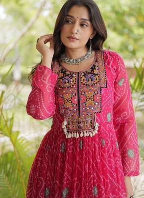 women georgette anarkali gown with bandhani print & kutchi patchwork - full stitched free size 4