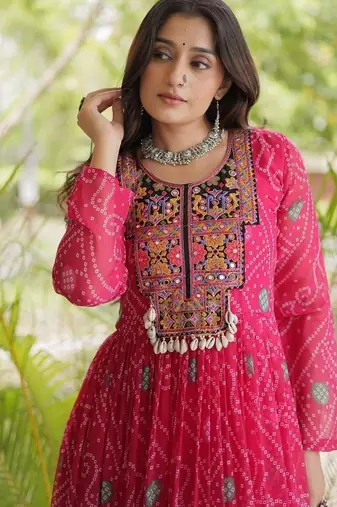 women georgette anarkali gown with bandhani print & kutchi patchwork - full stitched free size