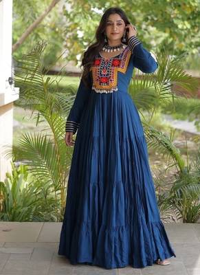 women rayon anarkali gown with kutchi gamthi embroidery - full stitched free size 1