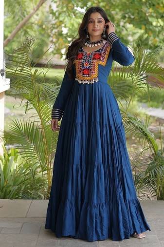 women rayon anarkali gown with kutchi gamthi embroidery - full stitched free size