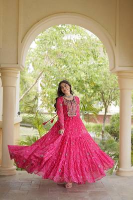 women georgette anarkali gown with bandhani print & kutchi patchwork - full stitched free size 5
