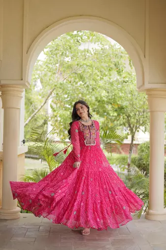 women georgette anarkali gown with bandhani print & kutchi patchwork - full stitched free size