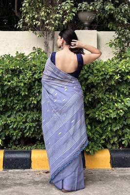 Blue handwoven cotton saree with blouse piece 3