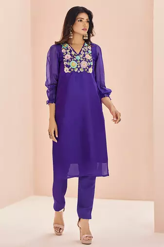 Purple floral hand work kurta set