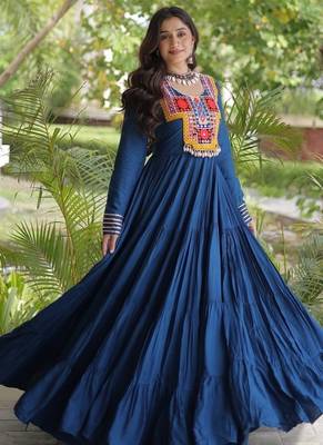 women rayon anarkali gown with kutchi gamthi embroidery - full stitched free size 3